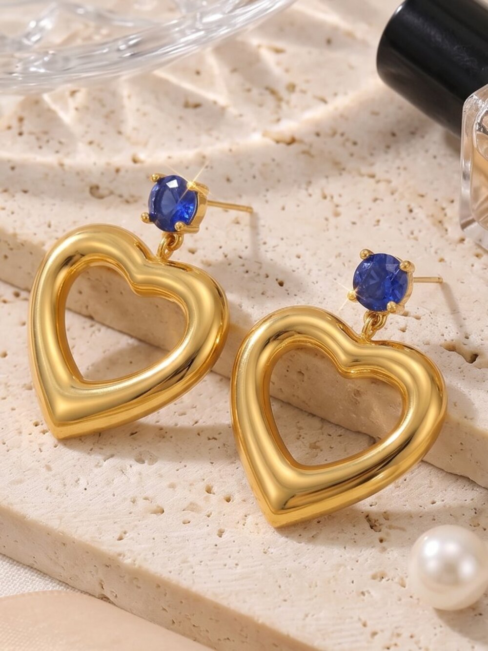 18K Gold Plated Puffy Heart Drop Earrings Blue CZ Stud Coquette Glam Statement
